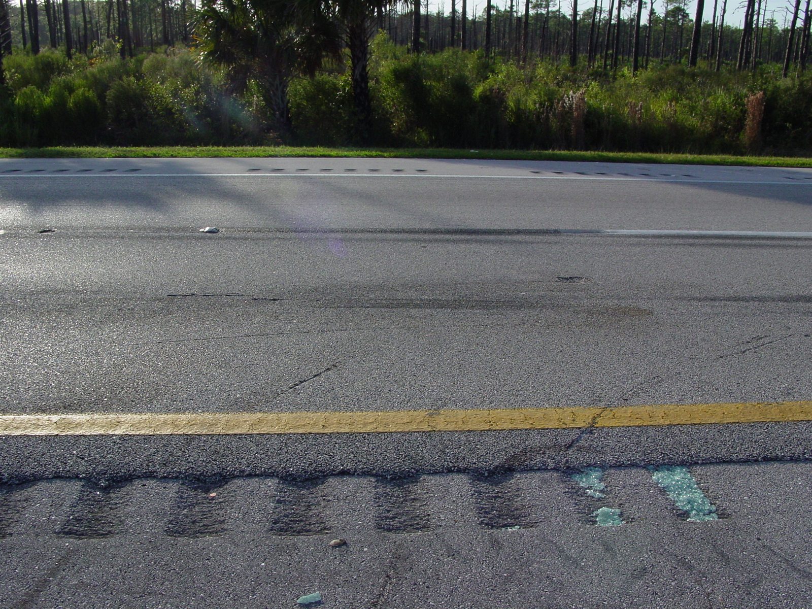 Heavy dual-tire skid marks and windshield-glass debris documented on a highway after a commercial truck collision