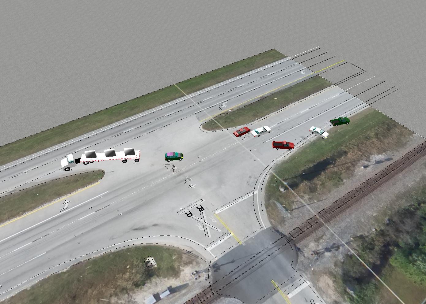 Accident reconstruction composited onto an aerial photograph with survey linework, skid paths, and vehicle positions at a rail crossing